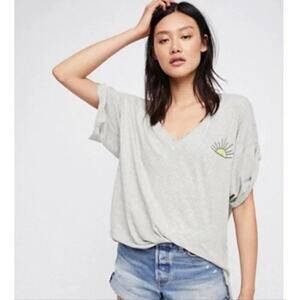 Free People Gray Asymmetrical Sun Embroidered T-Shirt Size Small